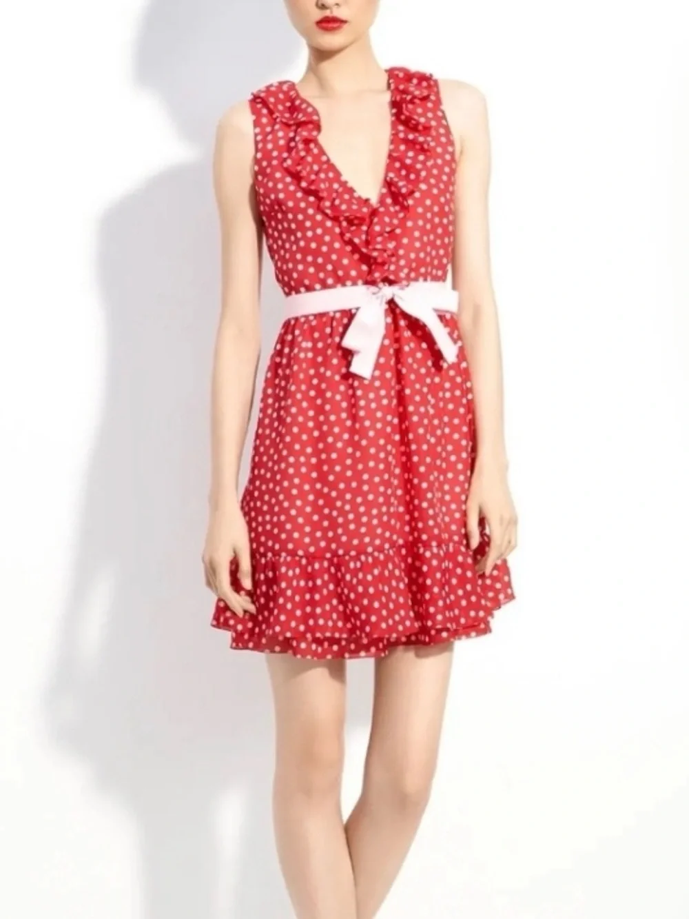 2012 Red Valentino Red Polka Dot Ruffle V-Neck Dress with Pink Waist Tie - Picture 1 of 6
